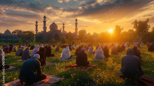 Muslim People gathered in prayer outside a majestic mosque at sunset, surrounded by lush greenery, exuding unity and spirituality. photo