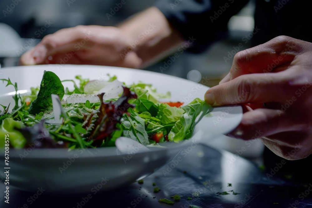 Diners are treated to a feast for the senses as they watch the chef expertly plate salads in the open kitchen of the upscale restaurant