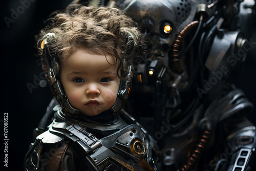 Generative ai picture of adorable cute baby robot cyberpunk