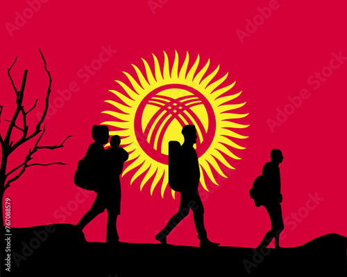 Immigration and refugees front of Kyrgyzstan flag, immigrant and refugee concept