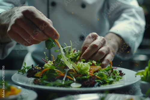 The chef's passion for perfection drives them to meticulously inspect each salad plate before it leaves the kitchen of the upscale restaurant