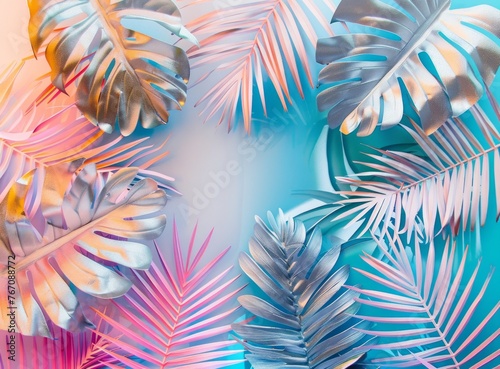 Creative layout made of colorful and silver tropical leaves and palms on holographic bakcground. Minimal summer exotic concept with copy space. Border arrangement background. 