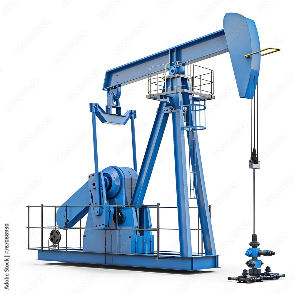 Industrial Oil Pumpjack With Blue Accents Isolated on White Background Industrial Oil Pumpjack With Blue Accents Isolated on White Background
