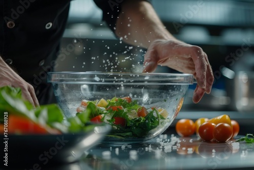 With an understanding of flavor dynamics, the chef's technique in salting salads transforms ordinary ingredients into extraordinary dishes at the upscale restaurant