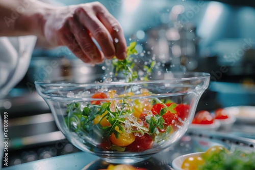 Amid the clatter of pans and sizzle of grills, the chef's focus remains on preparing exquisite salads in glass bowls for the upscale restaurant