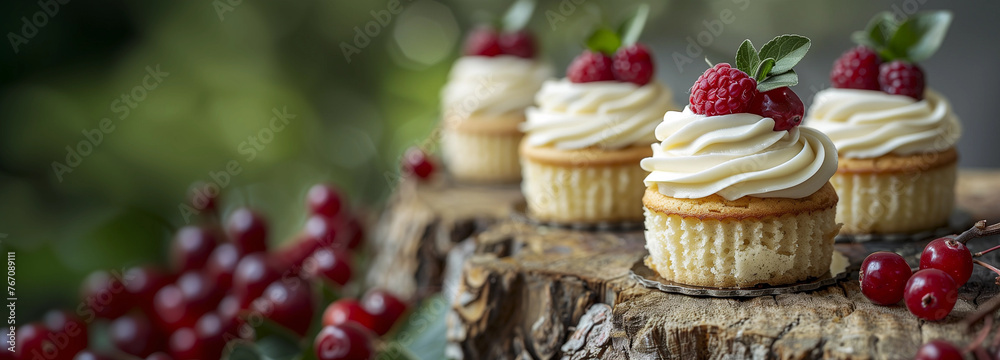 Gourmet Cupcakes with Vanilla Frosting and Fresh Raspberries on a Rustic Log - AI-Generated