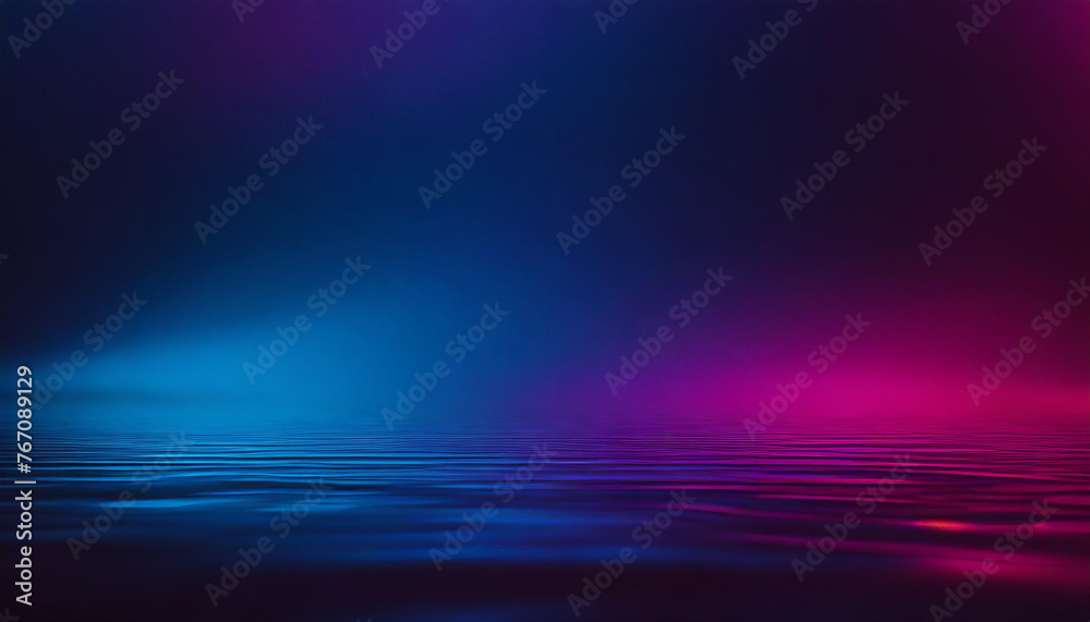 Neon blur glow. Defocused blue pink red ultraviolet radiance soft texture on dark black abstract empty space background. Color light overlay. Copy space.