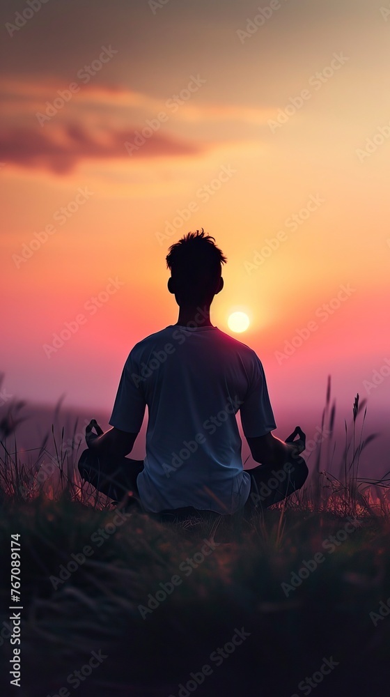 Man in yoga pose, zen meditation at sunset 
