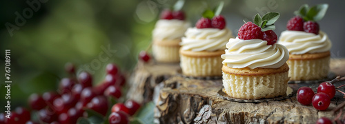 Gourmet Cupcakes with Vanilla Frosting and Fresh Raspberries on a Rustic Log - AI-Generated