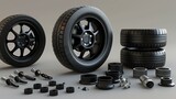 3D rendering of a car wheel and suspension parts. The wheel is made of black alloy with a high-performance tire.