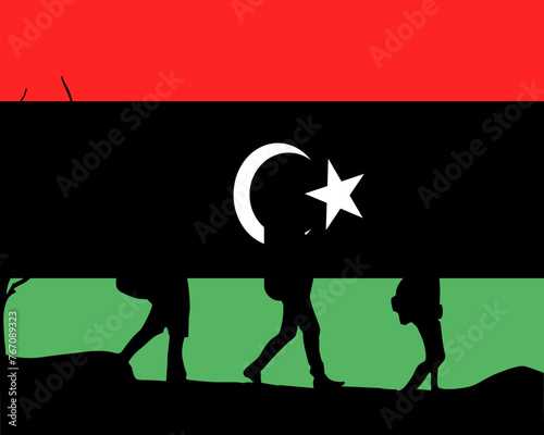 Immigration and refugees front of Libya flag, immigrant and refugee concept