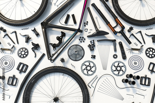 Obraz na płótnie Comprehensive Display of Disassembled Bicycle Parts on a Pristine White Surface w salonie