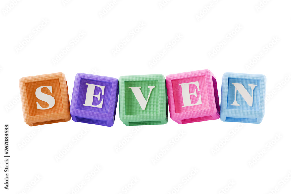 number 7 text on building block learning cubes, on transparent background number 7 text on building block learning cubes, on transparent background