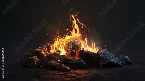 Flames dance and flicker over a pile of glowing embers, casting a warm and inviting glow into the surrounding darkness.
