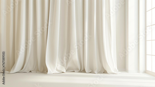 Soft and elegant white curtains billow in the sunlight, creating a beautiful and serene atmosphere.