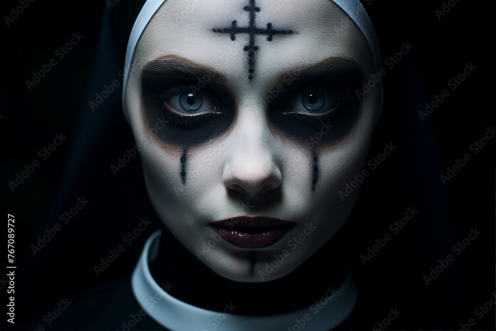 Mysterious religious person nun priest in church robe serious face expression Generative AI illustration Mysterious religious person nun priest in church robe serious face expression Generative AI illustration