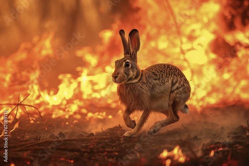 Hare escaping a fire in the woods. Concept of forest fire hazard.