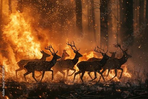 Herd of deer runing from a fire in the woods. Comcept of forest fire hazard.