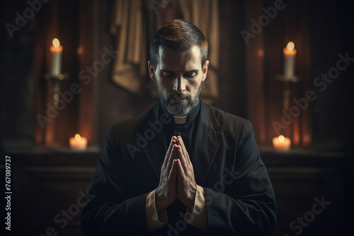 Mysterious religious person nun priest in church robe serious face expression Generative AI illustration