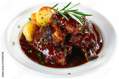 A dish featuring marinated pork knuckle in wine sauce served with baked potato