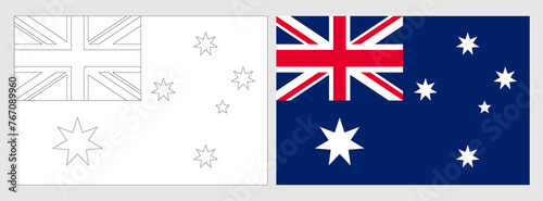 Australia flag - coloring page. Set of white wireframe thin black outline flag and original colored flag.