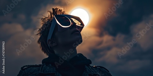 showing a person viewing an eclipse with awe and excitement. The person is wearing protective paper glasses designed for eclipse viewing. The background features a darkened sky