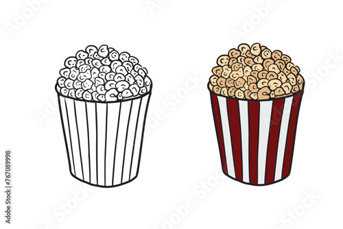 Big realistic cardboard striped red and white box with popcorn with salted caramel isolated on white background. Tasty snack for movie watching at the cinema. Hand drawn vector sketch illustration.
