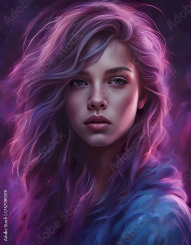Portrait of a Woman, Pink and Purple Hues, Generative AI