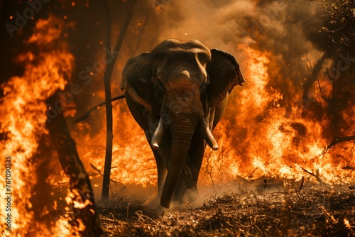 Elephant running from a fire in the jungle. Concept of forest fire hazard.