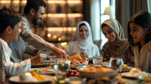 A joyful Islamic family gathers around a table, sharing a delightful meal, their faces illuminated by the warm indoor lighting.