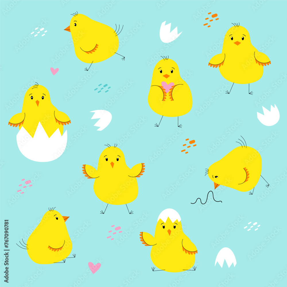 Vector cute little chick character hatched from an egg in different poses set, walking, running, looking, thinking, dancing, standing, pecking, wondering, happy mood.
