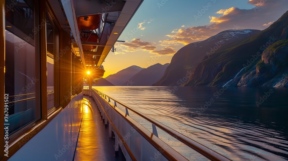 Obraz premium Midnight sun seen from a cruise ship in the sea
