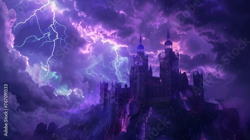 Electric castle under stormy skies, low angle, vibrant lighting,