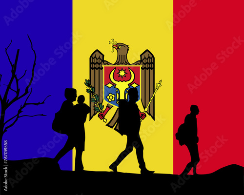 Immigration and refugees front of Moldova flag, immigrant and refugee concept