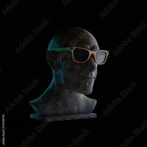 Virtual reality glasses on the head of the sculpture, trends and creativity, 3d render.