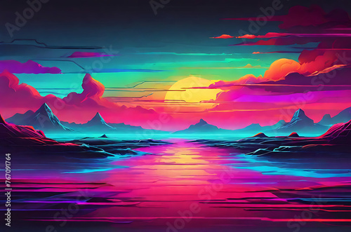 sunset over the ocean, many could and mountain beautiful scenery, AI Generative