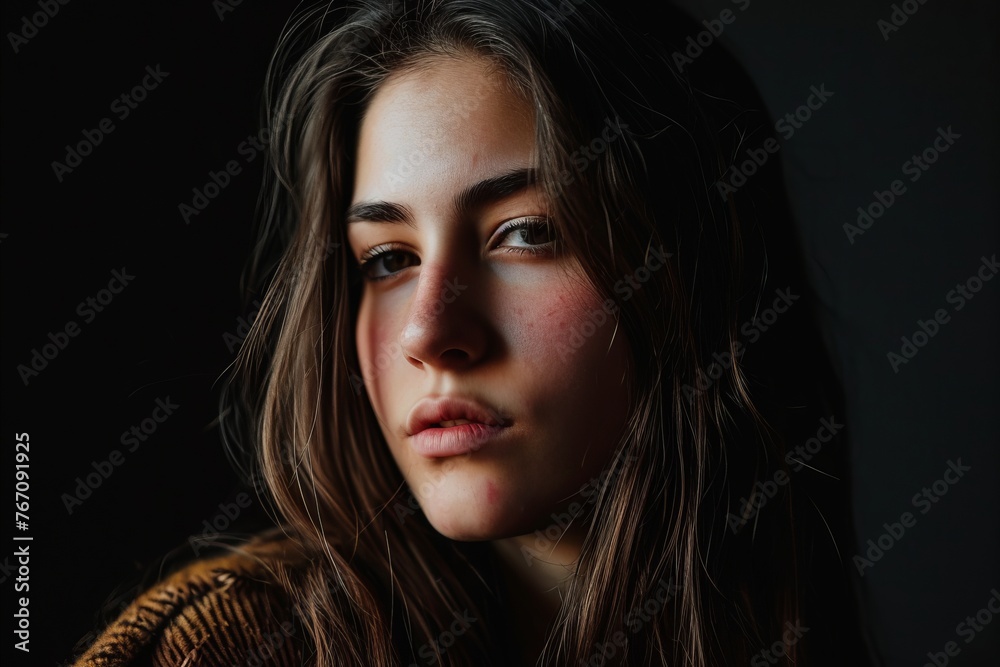 Portrait of a beautiful girl with long hair on a black background