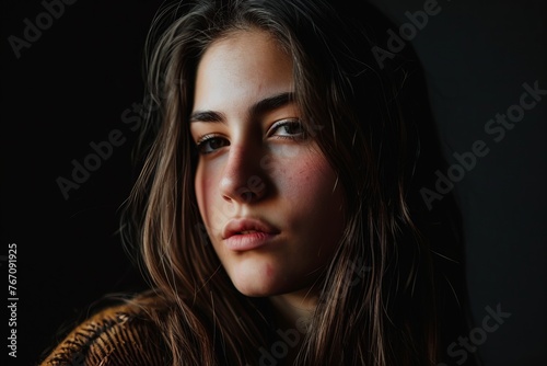 Portrait of a beautiful girl with long hair on a black background