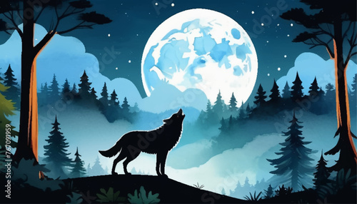 wolf and moon background lanscape illustration 