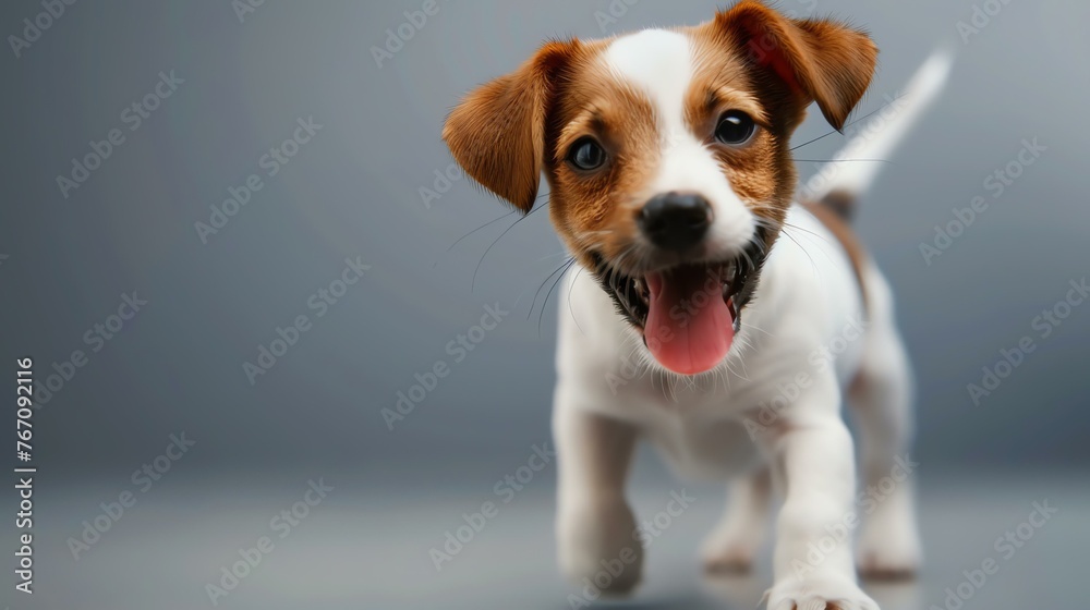 A studio shot of an adorable Jack Russell Terrier puppy with a toy in its mouth.