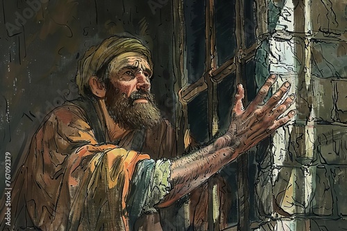 John the Baptist Imprisoned, Biblical Illustration of Prophet in King Herod's Prison Cell photo