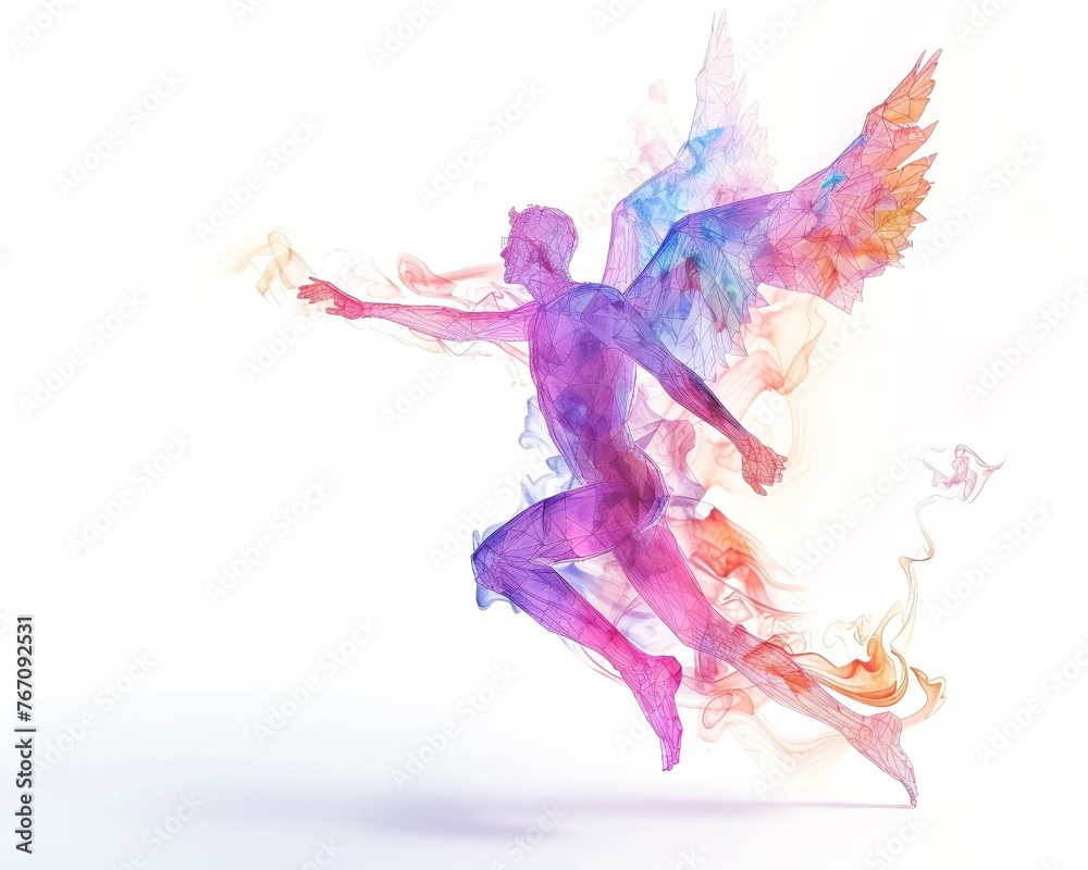 Abstract male angel in flight, dynamic pose, pastel colors, minimalist white background, 