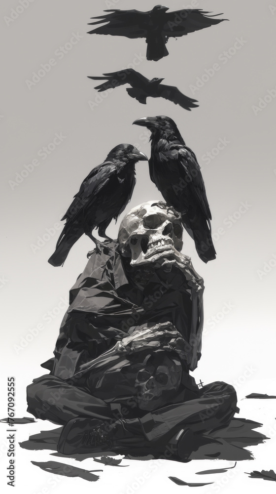 Fototapeta premium Human Skull with Crows: A Stark Depiction