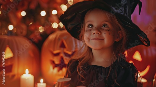 Happy brother and two sisters on Halloween. Funny kids in carnival costumes indoors. Cheerful children play with pumpkins and candy. Little cute caucasian happy girl in witch costume party halloween
