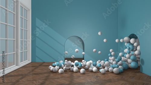 Colorful balloons flying in the room. 3D illustration, 3D rendering	