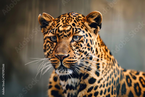 A close-up portrait capturing the intense gaze of a majestic leopard