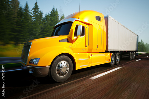 Wallpaper Mural Vibrant Yellow Semi Truck Speeding Along Forest-lined Highway on Sunny Day Torontodigital.ca