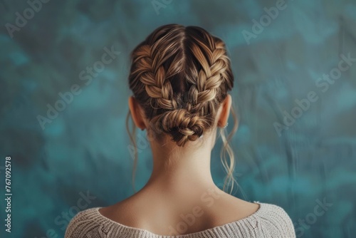 Back view portrait of young beautiful woman with blonde hair and braid hairstyle natural style