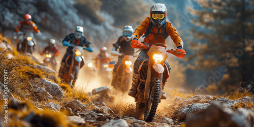 motorcycle bikers racers on sports enduro motorcycles in off-road race rally riding on nature in outdoor