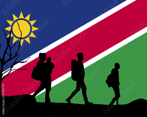 Immigration and refugees front of Namibia flag, immigrant and refugee concept